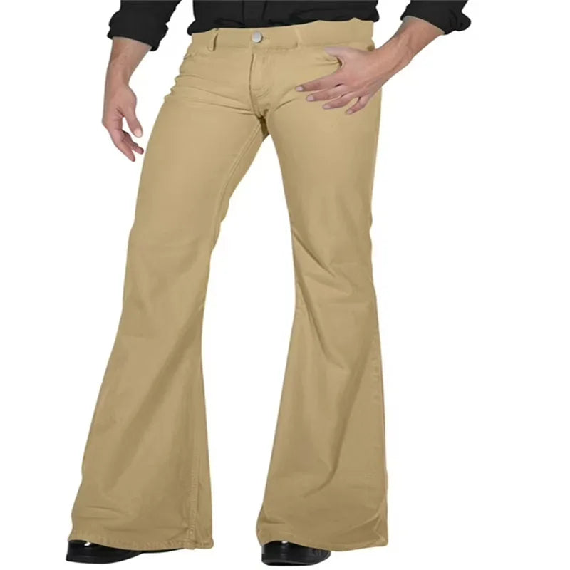 2026 Fashion Men's Vintage Disco Flared Pants Solid Stretch Slim Fit Trousers Hippie Style Casual Wide Leg Pants Male Streetwear