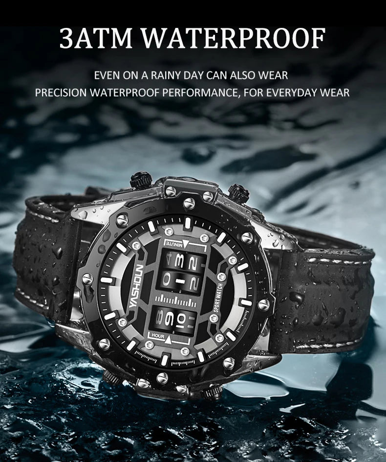 Men Quartz Watch Roller Digital Dial Design Silicone Strap Versatile Wristwatch Clock Waterproof Military Sports Clock