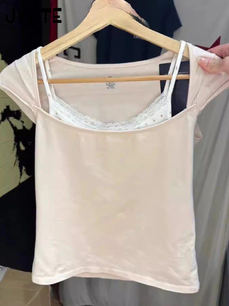New Sweet Pink Cotton Crimping Short Sleeve Tees Women Summer Casual Simple Square Collar Crop Tops Vintage Basic Y2K T-shirts