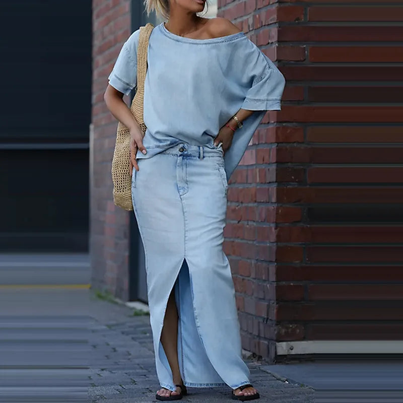 Denim Blue Fashion Split Skirt 2 Piece Set Casual Loose Off-the-shoulder Top + Slim Elegant Pencil Skirt Two-piece Set Women's