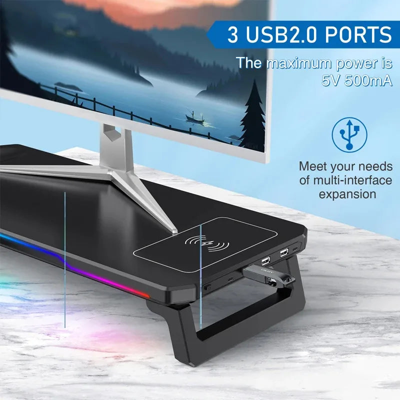 PC Monitor Stand 3 USB 2.0 Ports Keyboard Storage Space Bar Laptop Monitor Holder With RGB Light Type-C Wireless Charging
