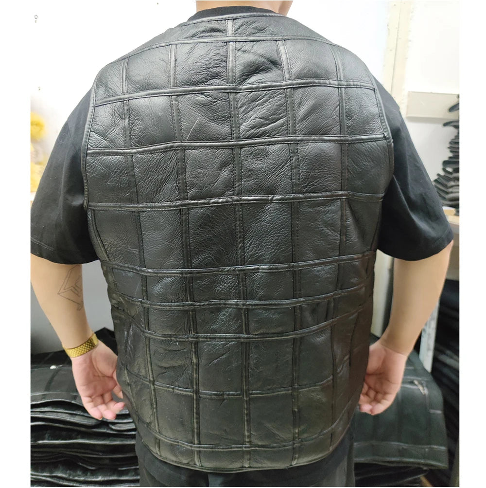 2026 Real Sheepskin Genuine Leather Vest Men Black Waistcoat Male Sleeveless Jacket Thick Motorcycle Vest Multi Pocket Zipper