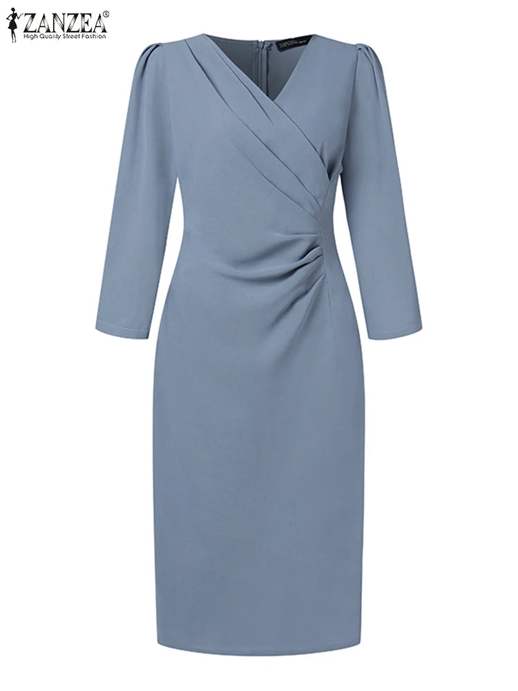 ZANZEA Autumn Women Elegant V Neck Bodycon Dress Ladies Party Club Dresses Fashion Work OL Vestidos 2024 Spring Women's Clothing