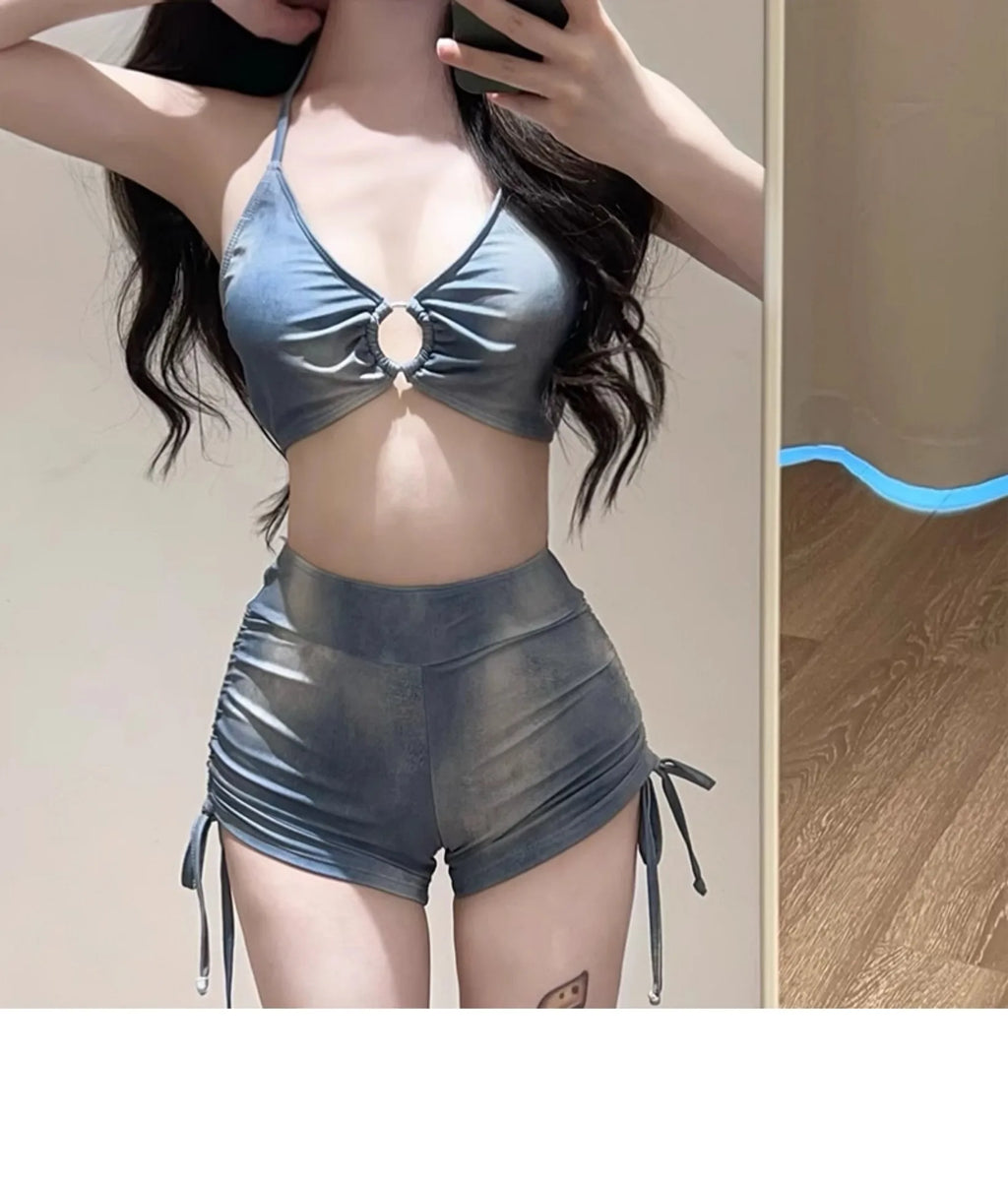 Vacation American Sexy Tie Dye Blue Sports Split Flat Angle Bikini Cover Three Piece Set Hot Spring Vacation Swimsuit for Women