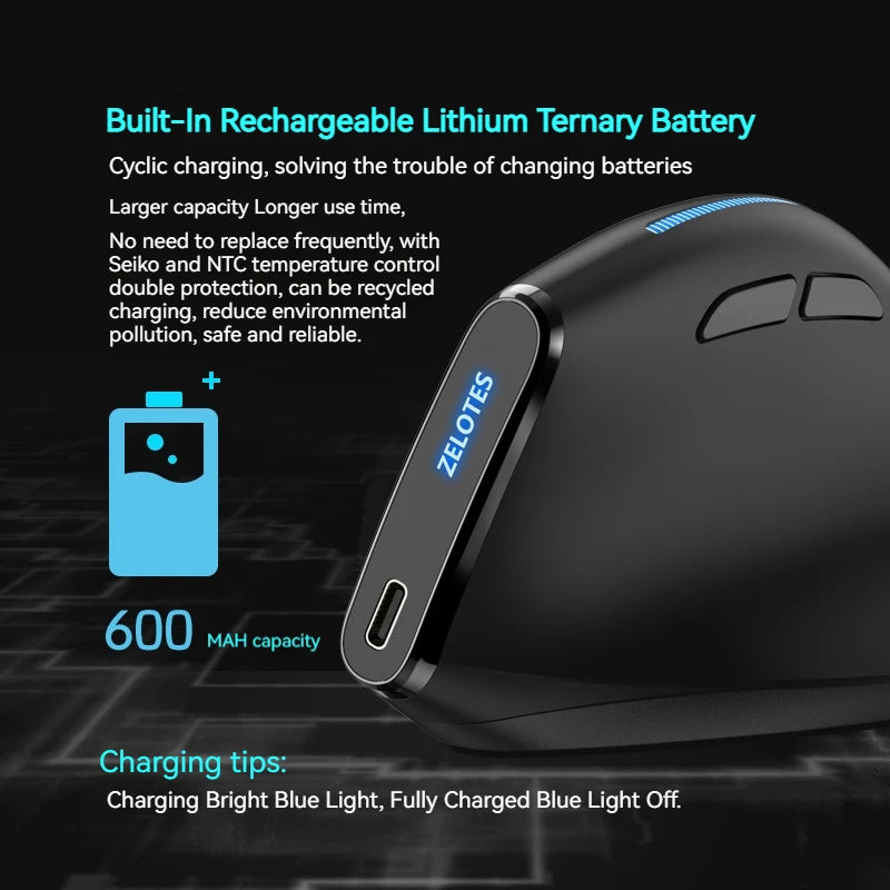 ZELOTES F36A Vertical Handheld Wireless Mouse 2.4G Wireless Rechargeable Laptop Mouse 6-button Optical mouse 3 level DPI mouse