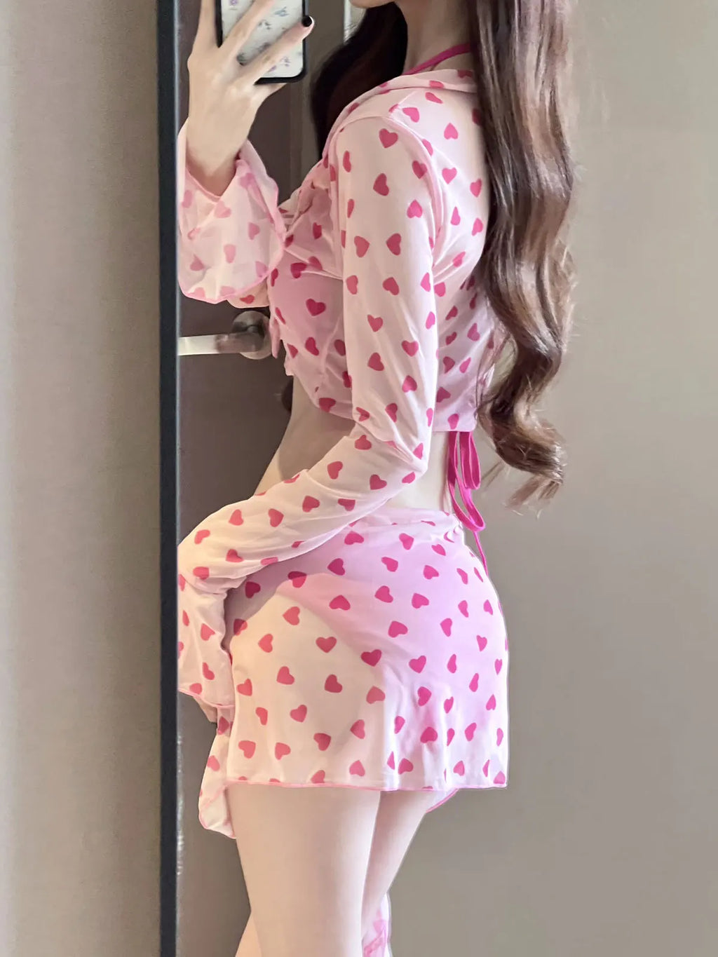 sexy Korean fashion pink heart print swimsuit 4pcs autumn long flare sleeve cover top with skirt bikinis padded swimwear biquini