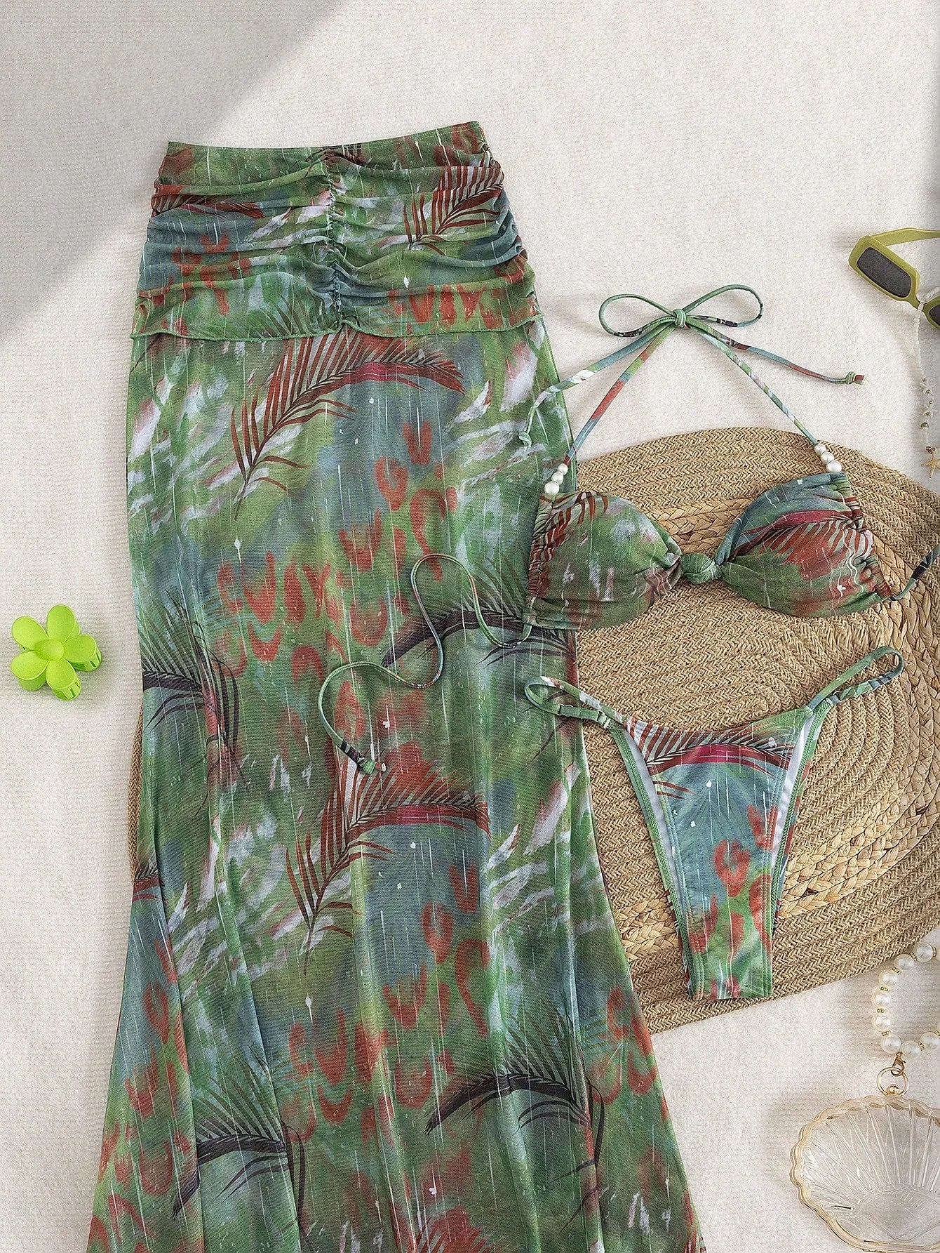 Vacation Beach Solid Color Sexy Bikini Top Top Hip-covering Long Skirt Three-piece Set