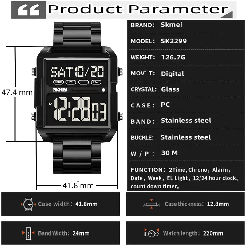 Skmei Luxury Brand Steel Strap Digital Watches for Mens Dual Time Zone Waterproof LED Chronograph Fashion Date Week Alarm Clock