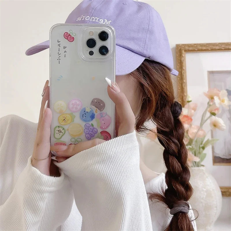 Fruit Floating Icons Quicksand Case for iPhone 16 15 Pro Max Clear Hard Plastic Protective Coque Liquid Sand Cover Phone Housing