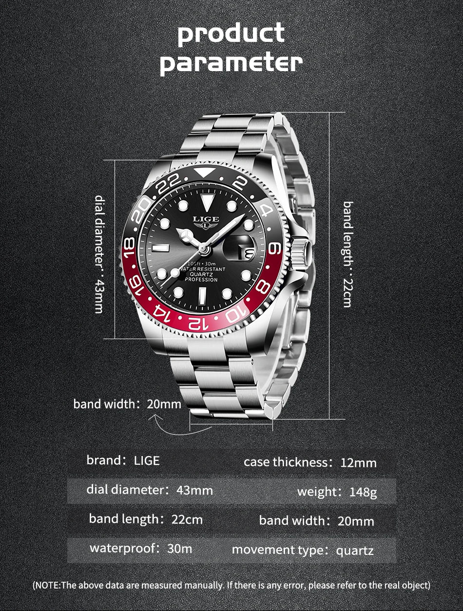 LIGE Top Brand Fashion Mens Watch Business Luxury Quartz Wristwatches Luminous Waterproof Steel Sports Watches Mens Gifts Reloj