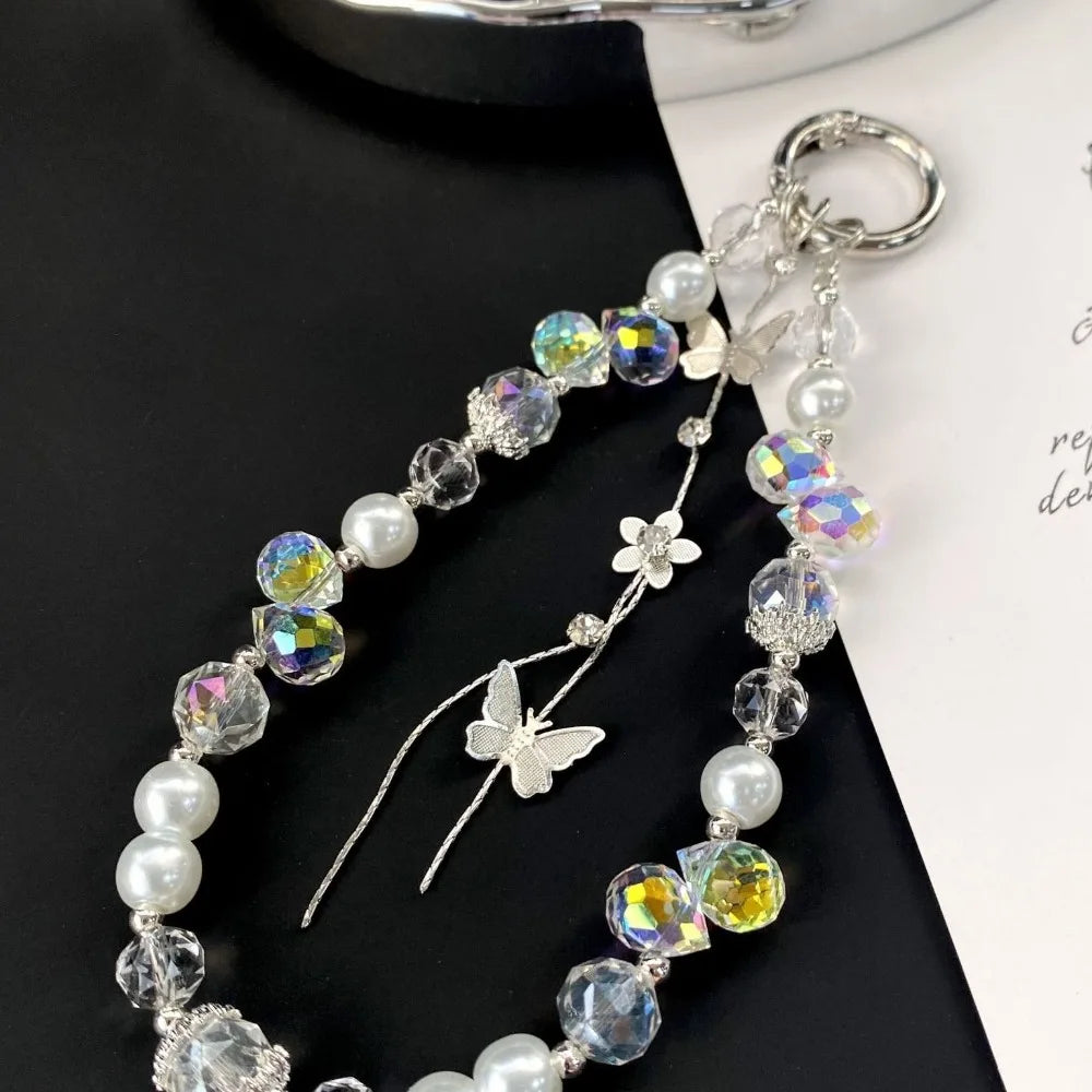 Luxury Sparkle Butterfly Rhinestone Bead Phone Bracelet Strap Charm Chain Knot Cellphone Lanyard Keychain Bag Camera Keychain Pe