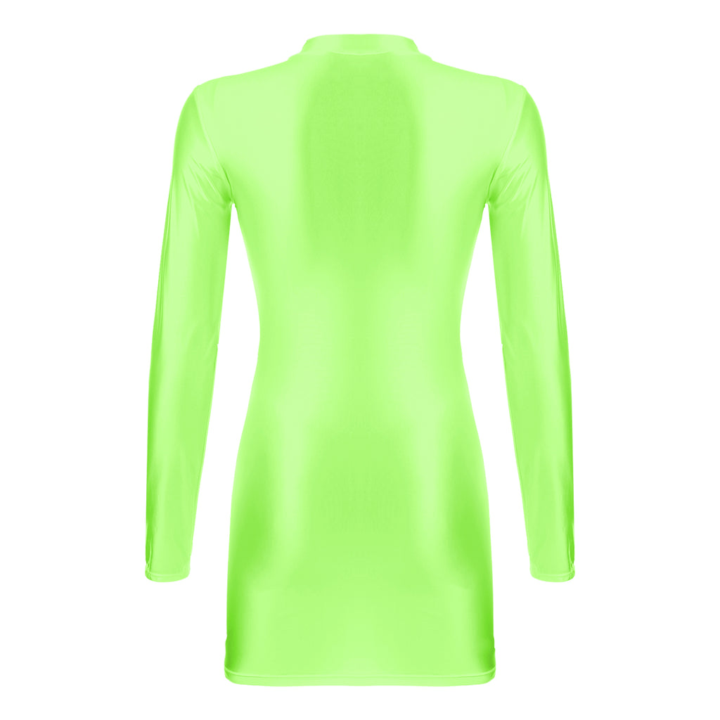 Women's  Solid Color Smooth Stretchy Mock Neck Tight Party Dresses Female Dresses Glossy Long Sleeve Bodycon Dress Nightwear