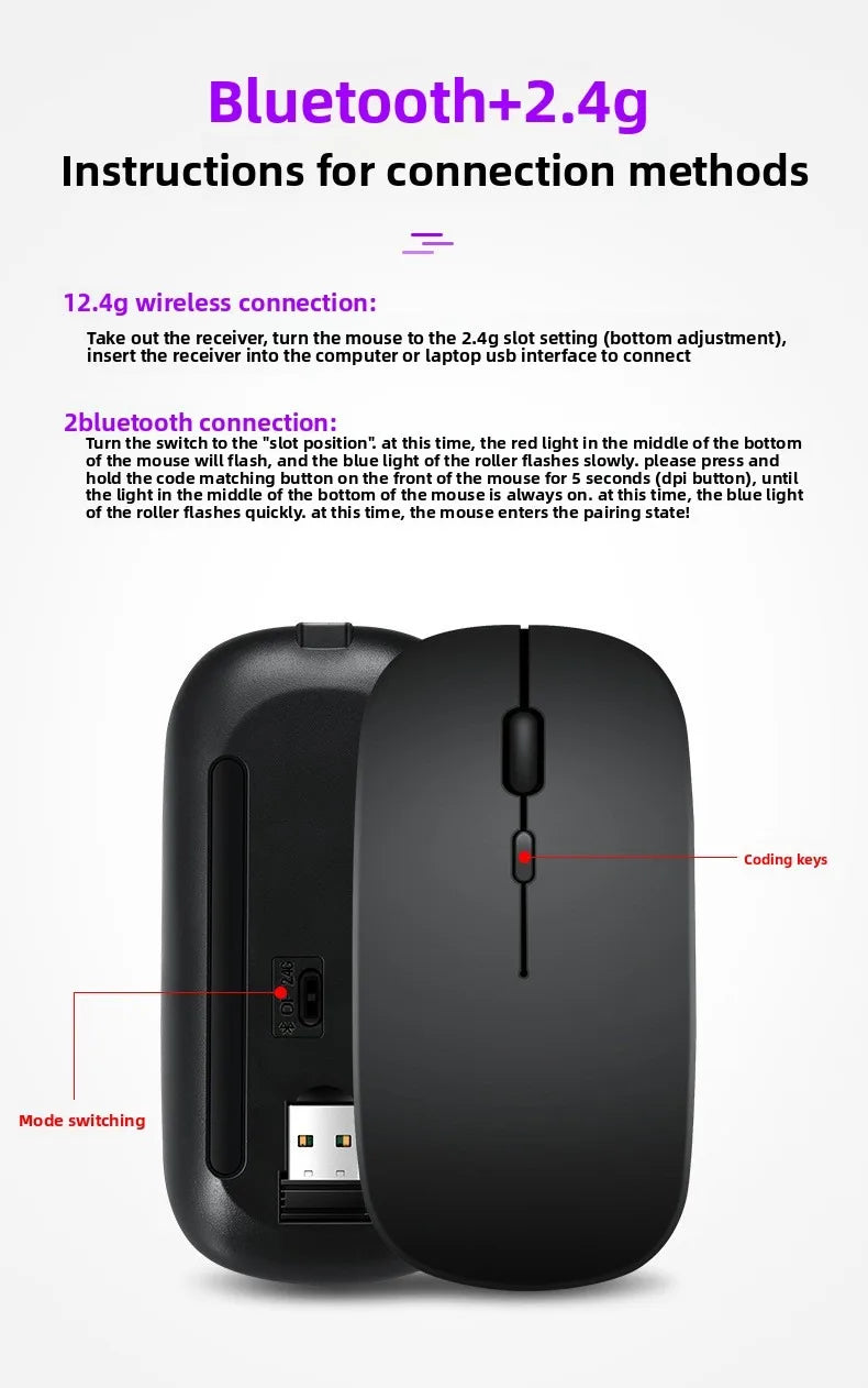 Rechargeable Wireless Mouse Bluetooth-compatible 2.4GHz Dual Modes Computer Mice with Nano Receiver for PC Laptop Macbook