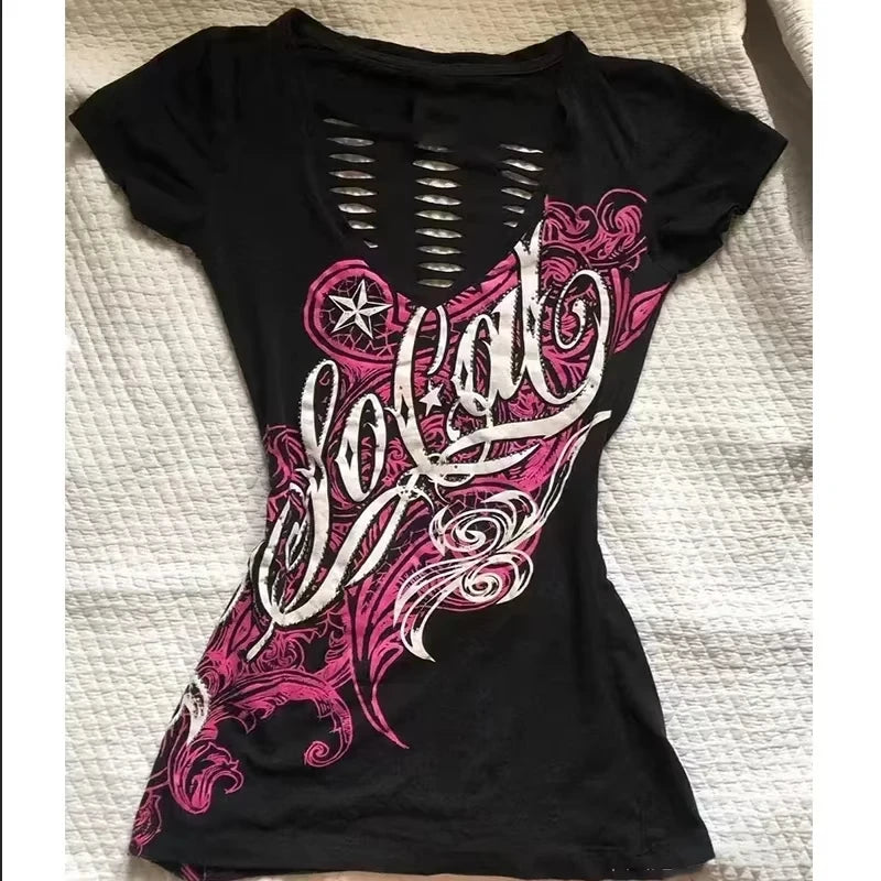 American Vintage Fake Two Pieces T-Shirt Women Streetwear Hip Hop Gothic Harajuku Grunge Y2k Crop Tops Black Skull Punk Tees