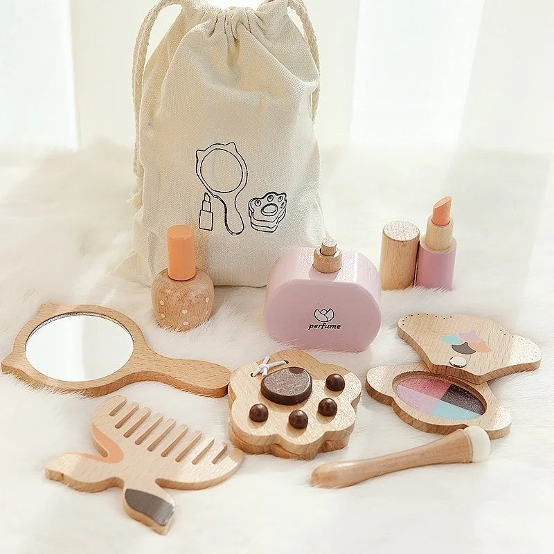 Girls' wooden household cosmetics toy set mirror comb perfume lipstick eye shadow powder birthday gift
