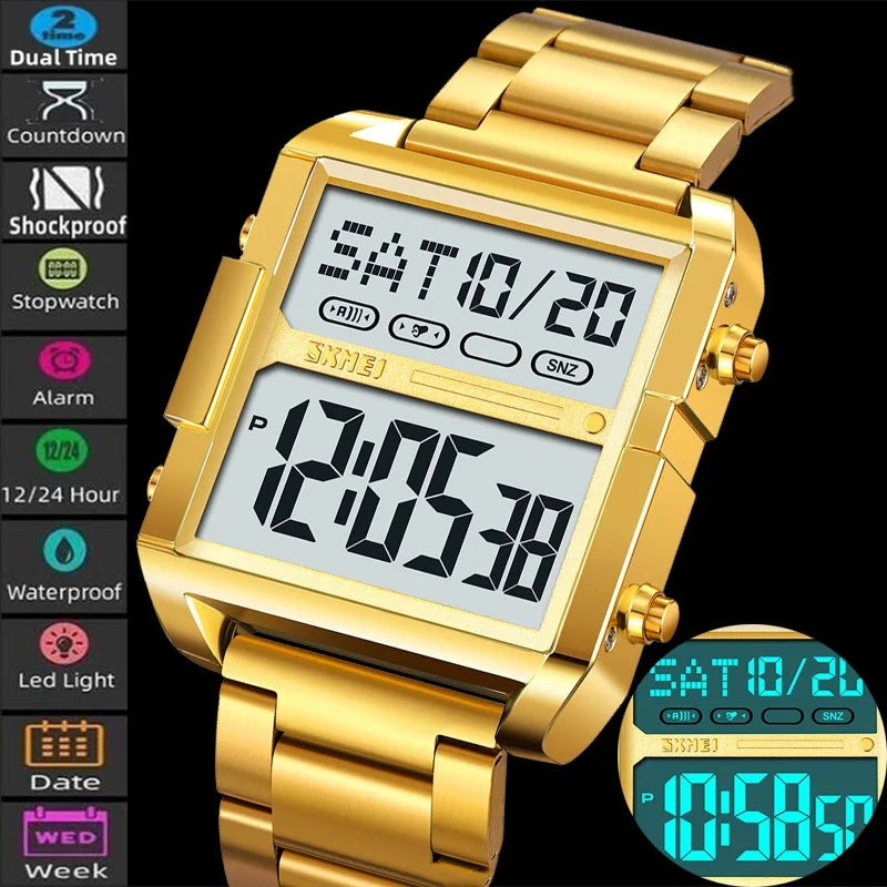 Skmei Luxury Brand Steel Strap Digital Watches for Mens Dual Time Zone Waterproof LED Chronograph Fashion Date Week Alarm Clock