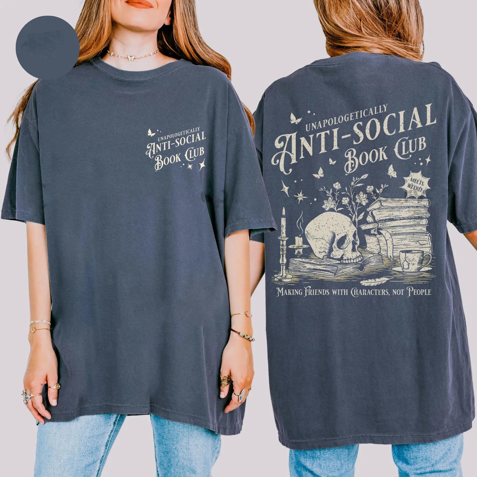 Vintage Anti-social Book Club 2 Sided Comfort T-Shirt for Introverted Romance Reader Distressed Tee Trendy Casual Streetwear