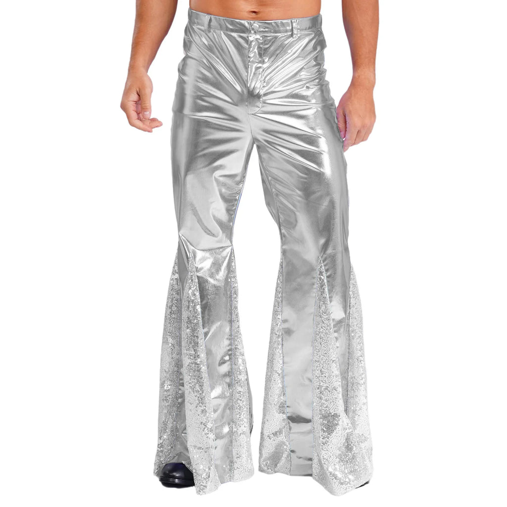 Mens Shiny Metallic 70s Disco Pants Hippie Vintage Costume Dance Party Sequins Bell Bottoms Stage Performance Flared Pants