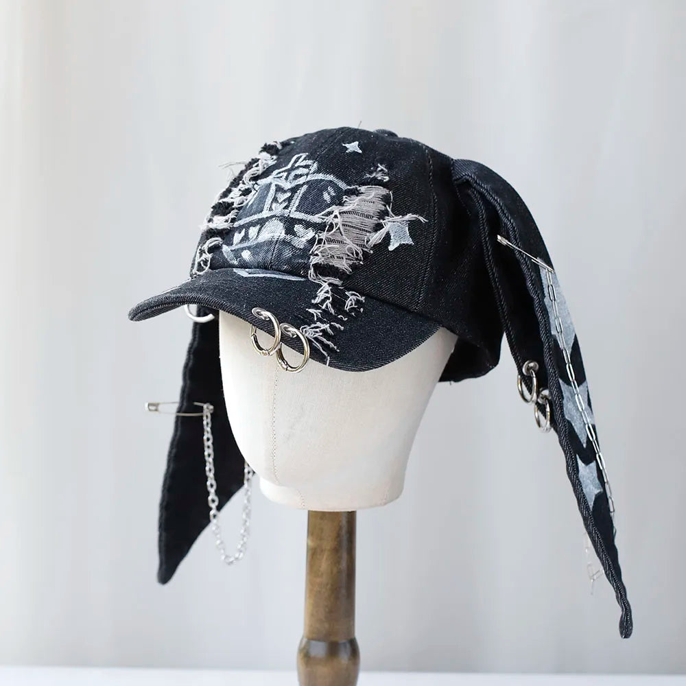 Designer Graffiti Devil Ears Denim Baseball Caps Men Women Autumn Personality Versatile Retro Ripped Style Hip Hop Men's Hat