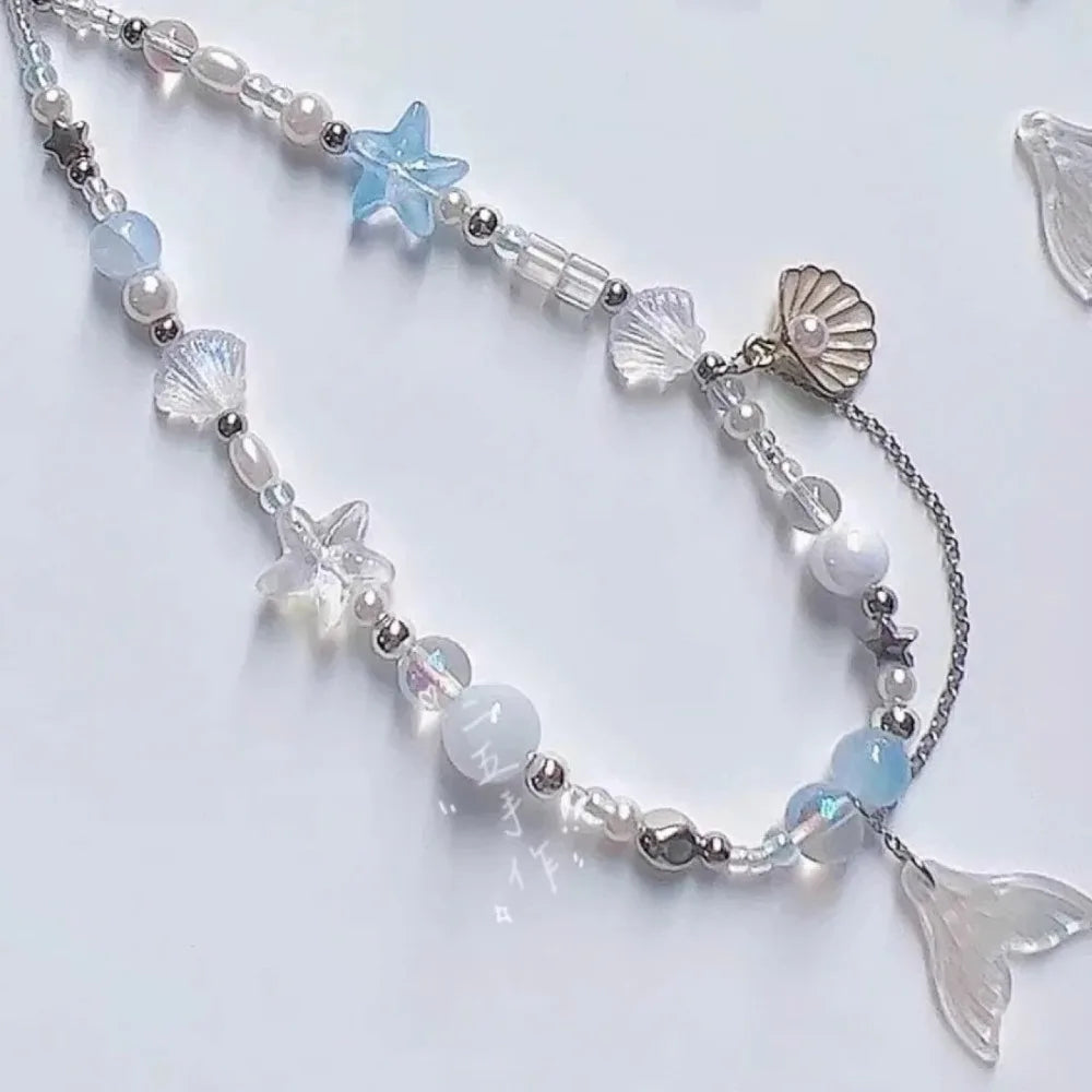 Dreamy Mermaid Sea Shell Phone Chain Lanyard Charm Strap Wrist Bead Cord Bracelet Keychain For iPhone Girl Hanging Rope Jewelry