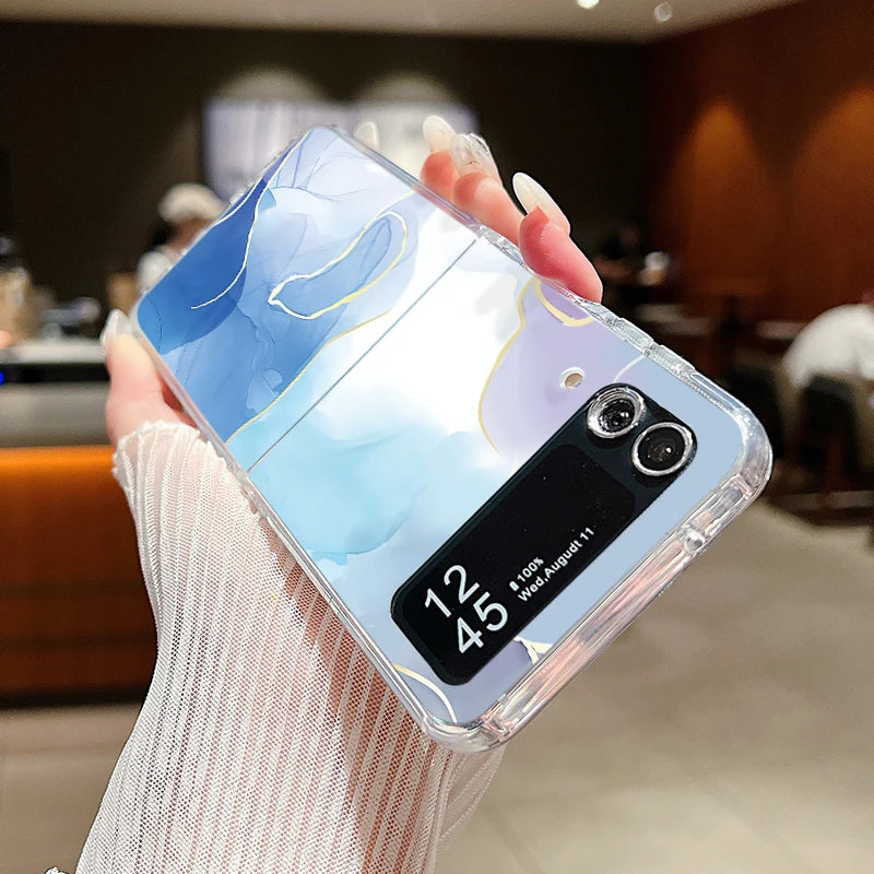 For Samsung Galaxy Z Flip 7 6 5 4 3 Case Watercolor Marble Pattern Hard Clear Folding Cover For Samsung Z Flip6 Flip5 Flip7