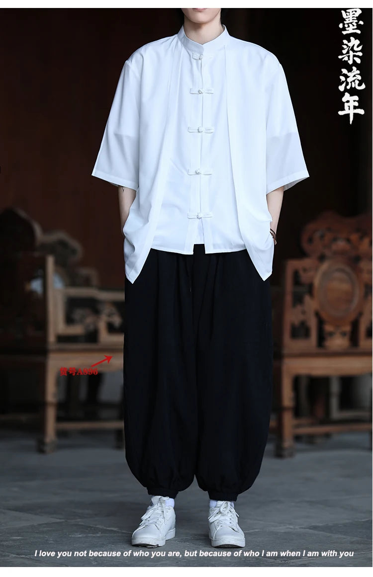 Chinese Shirt Men Ice Silk Chinese Style Comfortable Breathable Retro Shirt  Men Casual Summer Loose Fit Fashion Solid Color Top