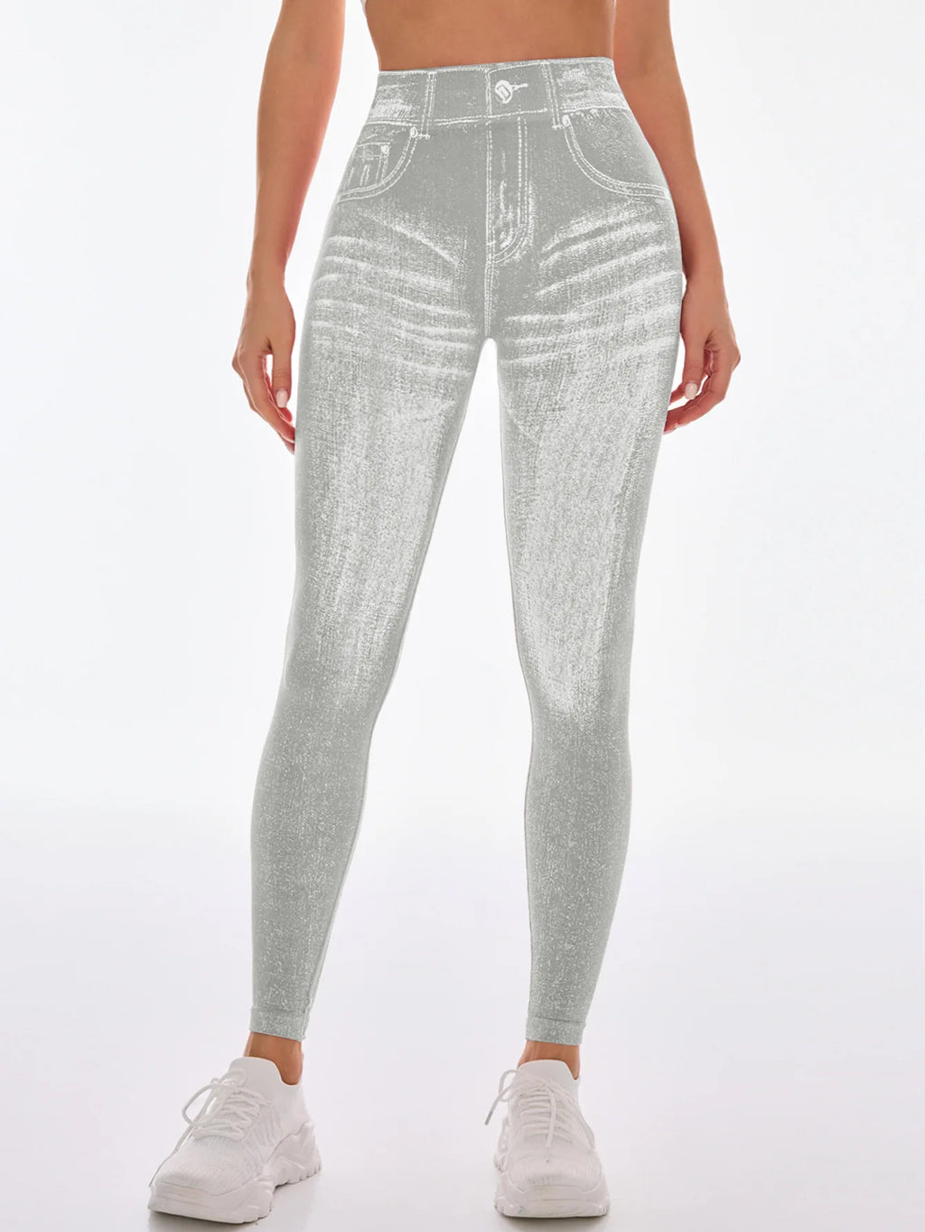 Women's Gym Printed Yoga Tight Pants Seamless High Waisted Denim-like Perforated Fake Pocket Tight Pants Yoga Fitness Leggings
