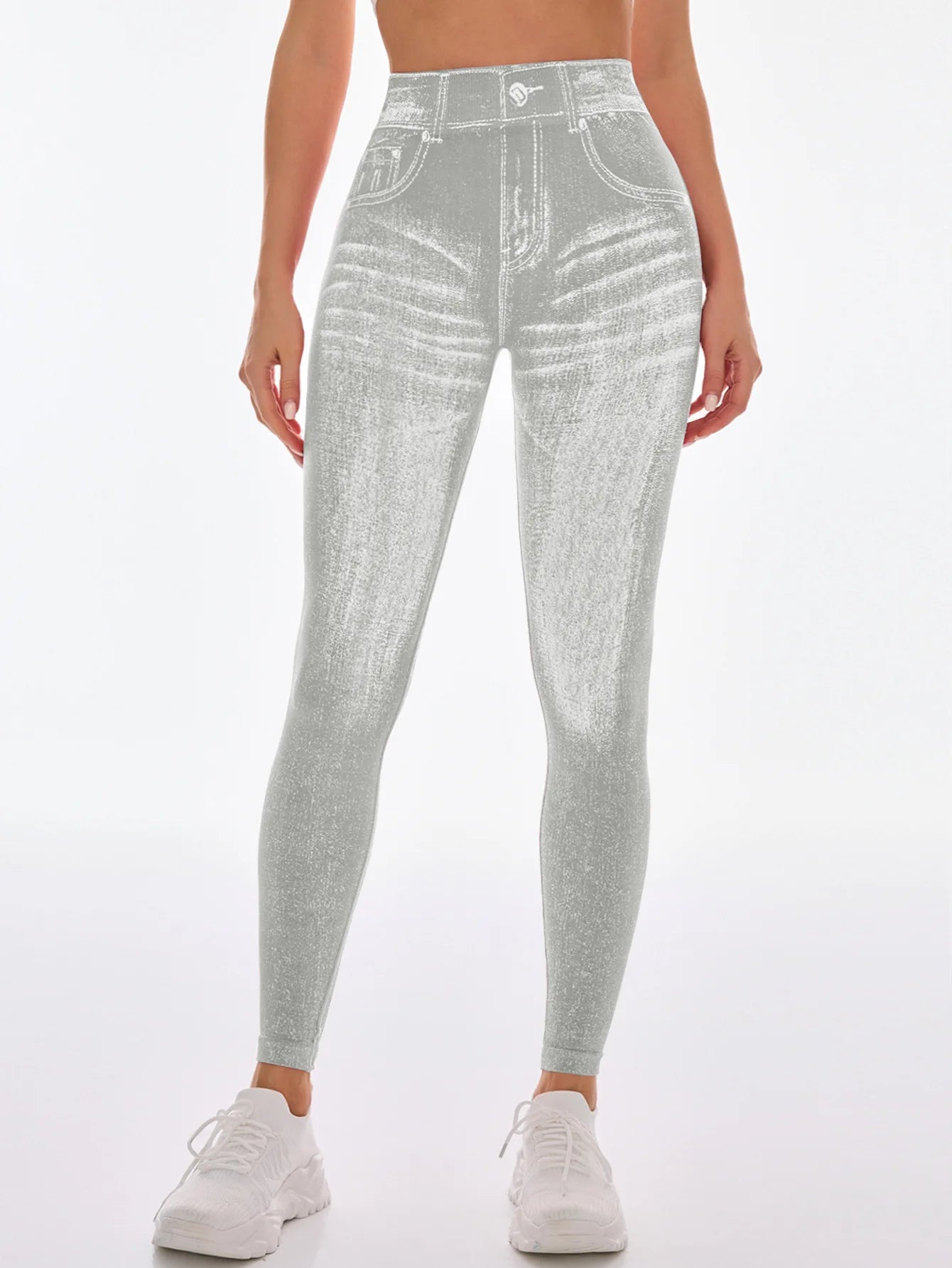 Women's Gym Printed Yoga Tight Pants Seamless High Waisted Denim-like Perforated Fake Pocket Tight Pants Yoga Fitness Leggings