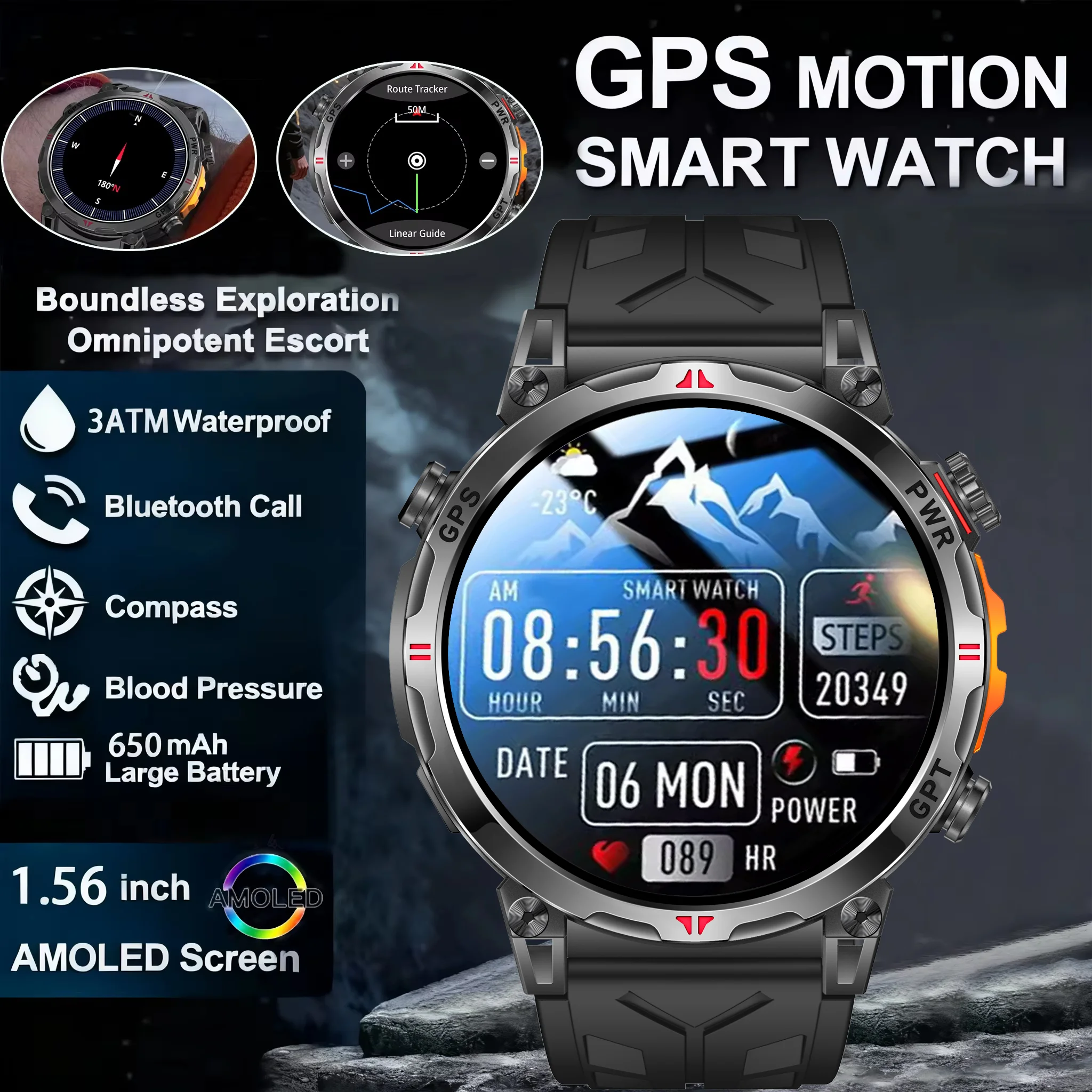 New Outdoor GPS GPT Compass Smart Watch 3ATM Waterproof Fitness Track Heart Rate BT Call Professional Sports 650mAh Smartwatch