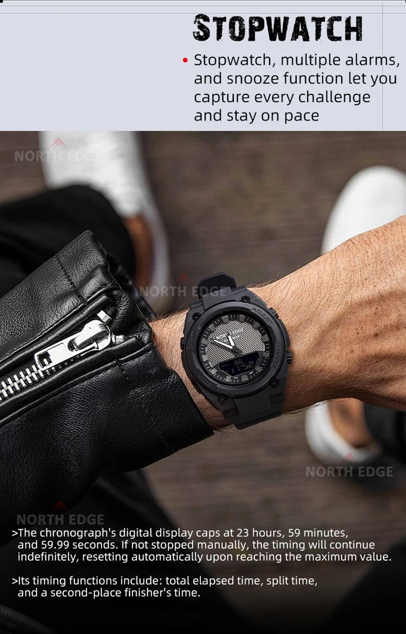 NORTH EDGE FORTRESS Men's Sports Watches Stopwatch Men's Digital Watches World Time Wristwatch relógios masculino Waterproof 50M