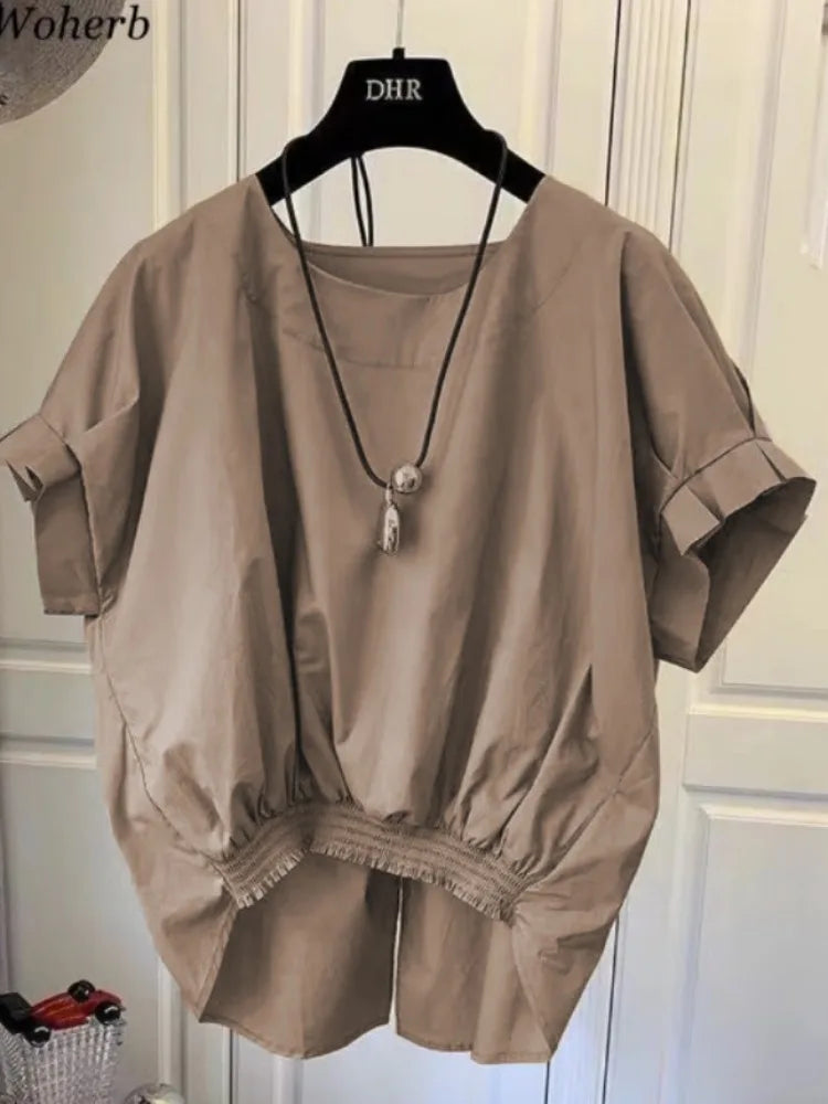 Woherb Cotton Asymmetrical Crop Blouse Women Korean Pleated Bow Bandage Shirt Casual O-neck Solid Elegant Blusas Mujer Moda 2026