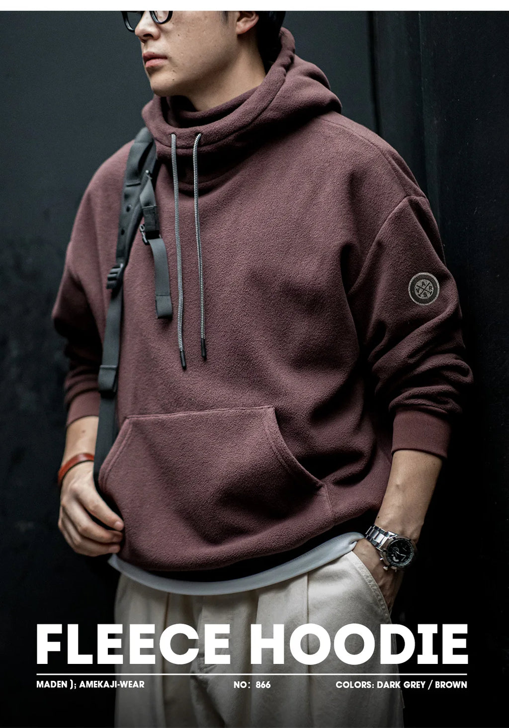 Maden Casual Polar Fleece Hooded Sweatshirt Solid Color Windproof Pullover with Face Mask Warm Tops for Men's Fall and Winter