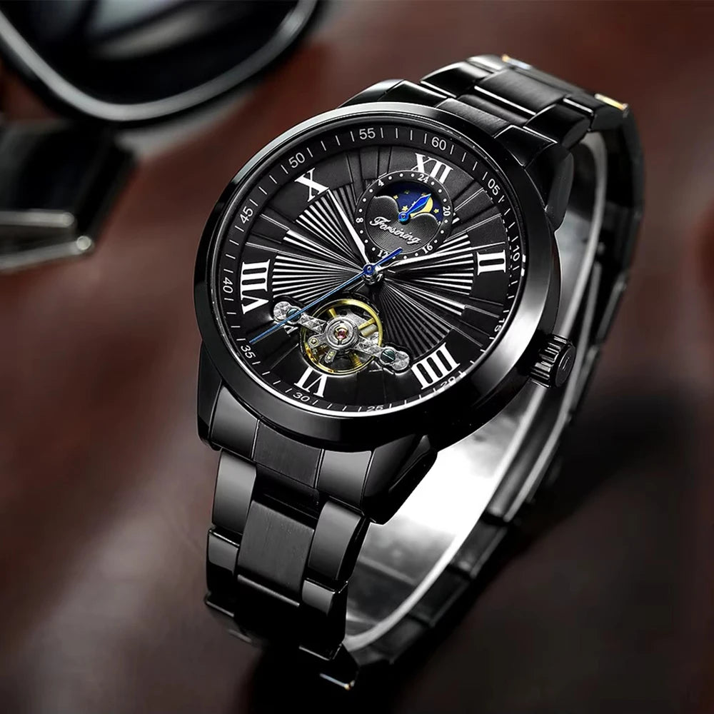 Forsining Men's Automatic Tourbillon Moon Phase Mechanical Watch Stainless Steel 3ATM Waterproof Luxury Design Business Style