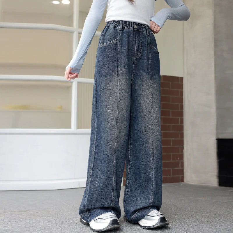 Teenager Girl Blue Jeans Fashion Retro Straight Leg Children Trousers Youth Lady Baggy Vintage Wash Casual Denim Pants Age 8-16Y