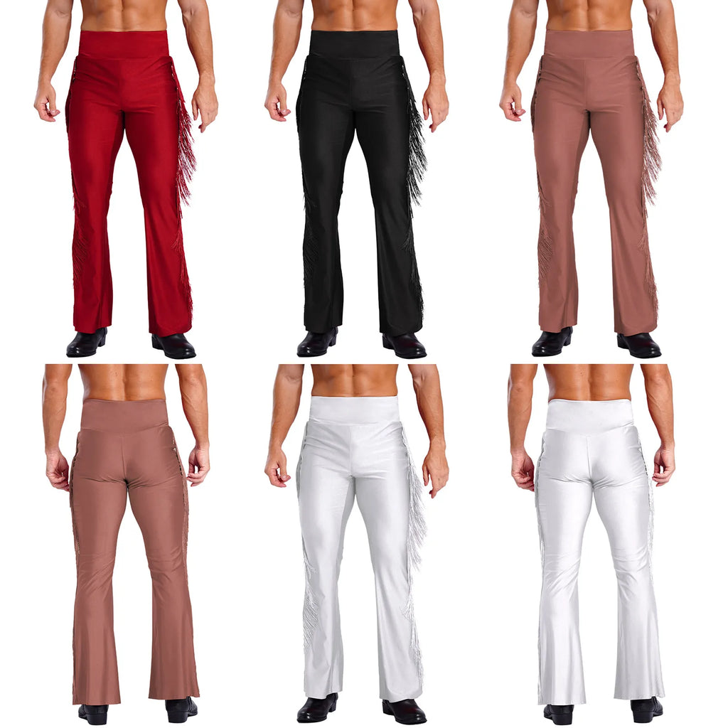 Mens Tassel Flared Pants Vintage Bell-Bottom High Waist Trousers for Jazz Latin Dance Stage Performance Club Disco Party Costume
