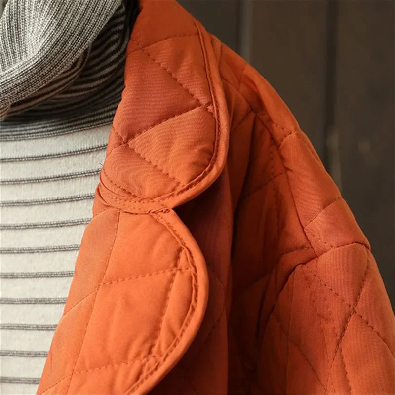 Pocket Solid Women Parkas Winter New Orange Straight Warm Thicken Knee-Length Female Outwear Coats Tops