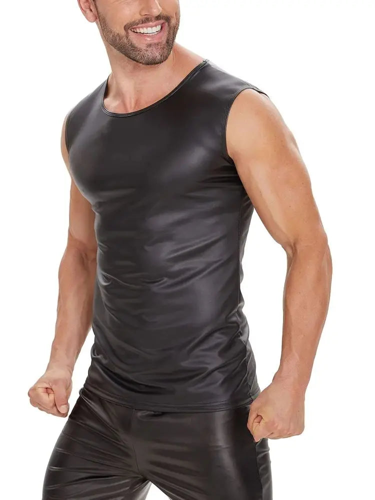 S-5XL Sleeveless Matt Faux PU Leather Tank Top Men Fitness Gym Muscle Shirt Tight Bodybuilding Tanktop Hot Body Shaper Shapewear