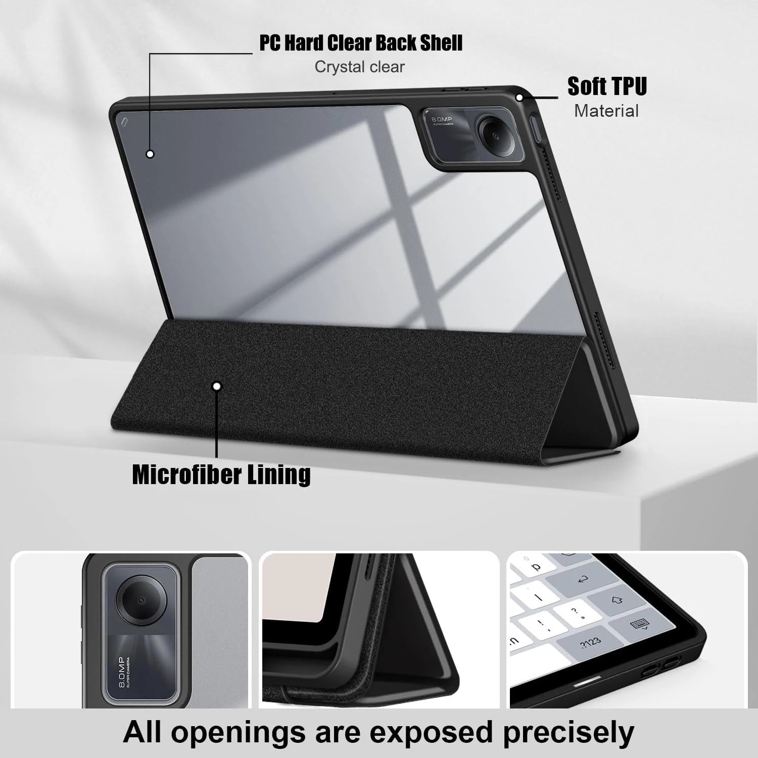 Tri-Folding Flip Tablet Cover For Xiaomi Redmi Pad SE 11 inch 2023 Acylic Transparent Back Case Pencil Holder Auto Sleep/Wake