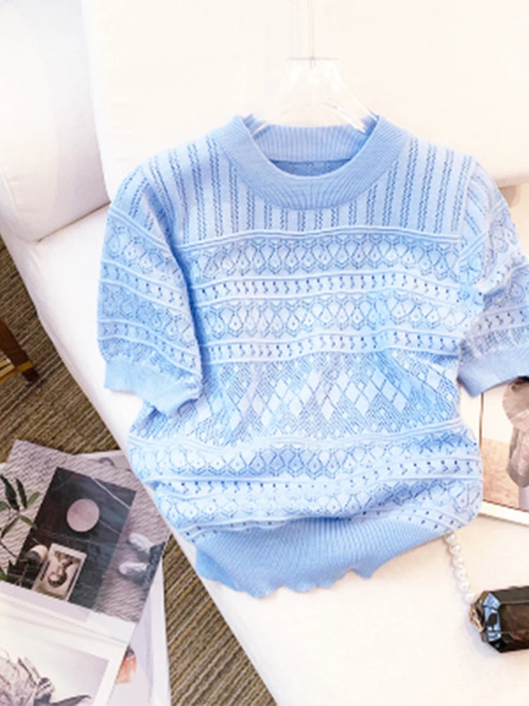 2026 New  Summer Thin Hollow Out Crew Neck Pullover Sweater Versatile Short Sleeve Knitted Top For Spring & Women's Clothing