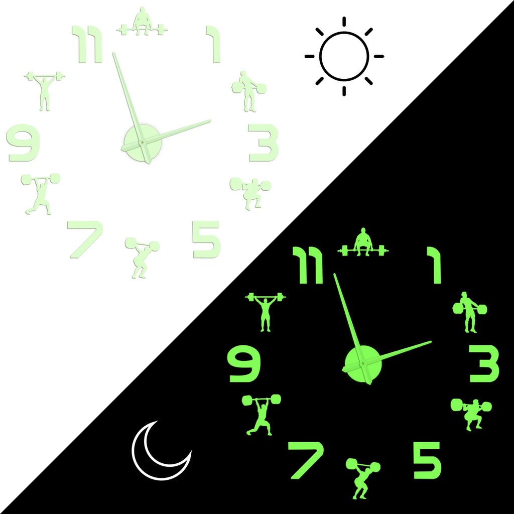 Weightlifting Fitness Room Wall Decor DIY Giant Wall Clock Mirror Effect Powerlifting Frameless Large Wall Clock GYM Wall Watch