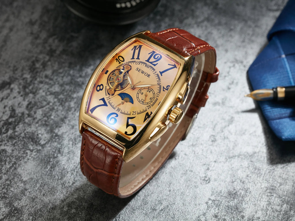 Top Fashion Luxury Gold Watch Men Mon Phase Tourbillon Watches Small Seconds Automatic Mechanical Wristwatches Reloj Hombre 2023