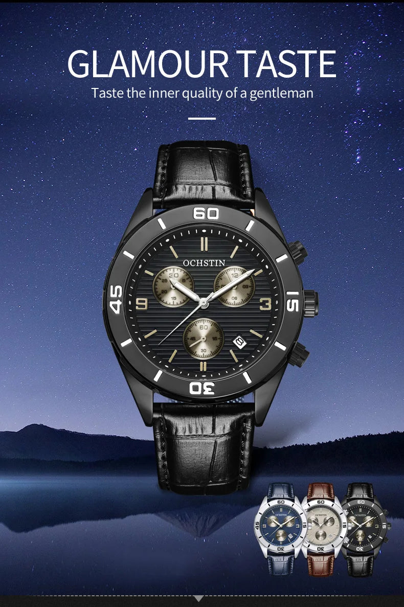 OCHSTIN Men's Watches Top Brand Sport Men Wrist Watch Leather Quartz Watch Sports Waterproof Male Clock Chronograph Function