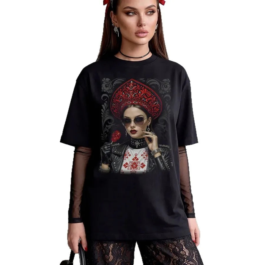 "Russian Girl" Graphic Oversized T-Shirt Modern Folk Art Print Soft Cotton Casual Tee Fashion Streetwear High Quality Summer Top