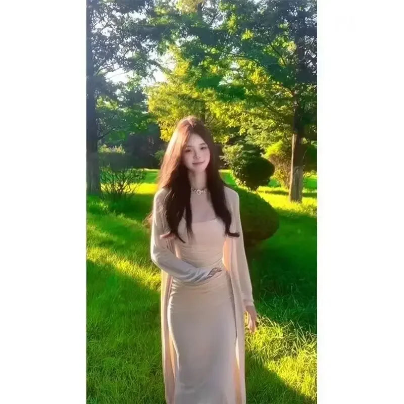 Sexy Slim Fit Long Dress And Knitted Sweater Set for Women Spring Summer New Style Lightweight Maturity Trending Strap Skirt
