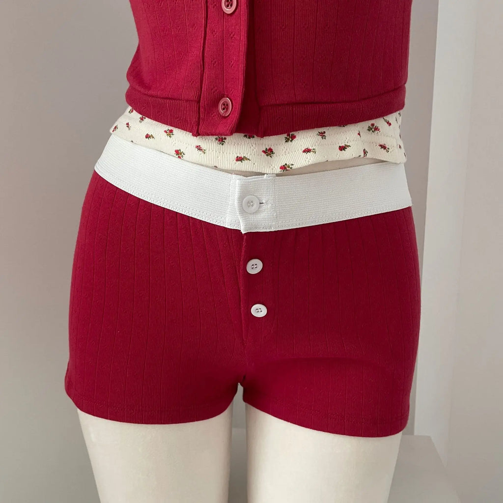Floral Eyelet Cotton Boy Shorts Woman Summer Three Buttons Patchwork Elastic Waist Straight Short Pant Sweet Cute Home Underwear