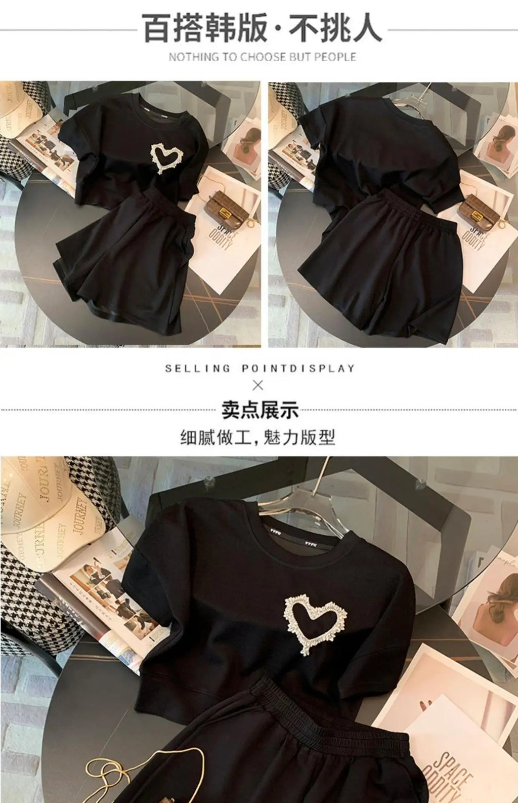 Ladies Summer Women Sexy Short Sleeve Tops T Shirt Shirts Elegant Love Beads Party Casual Shorts Pockets 2 Pieces Sets Suits