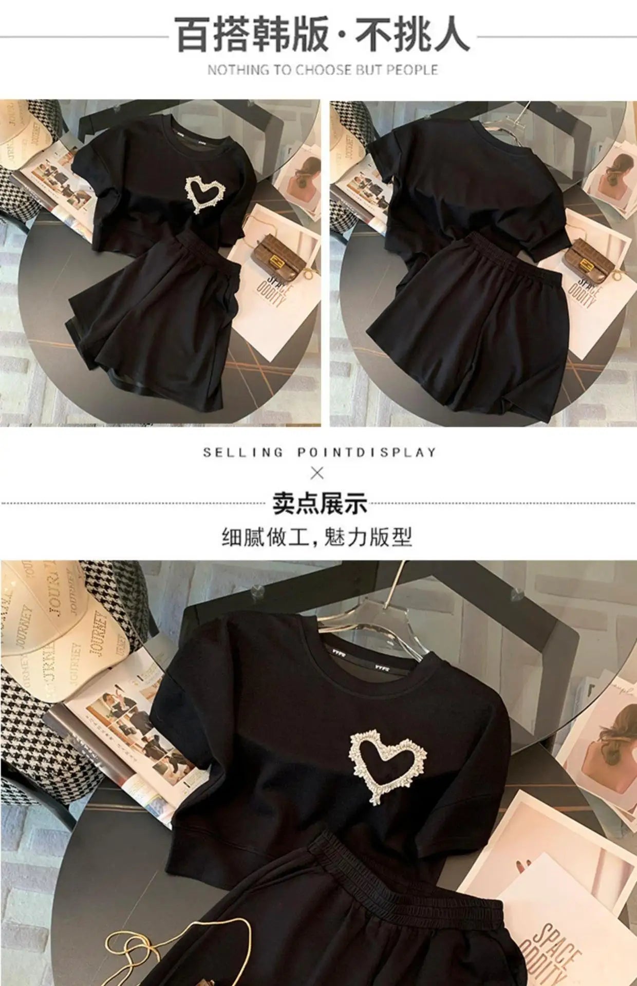 Ladies Summer Women Sexy Short Sleeve Tops T Shirt Shirts Elegant Love Beads Party Casual Shorts Pockets 2 Pieces Sets Suits