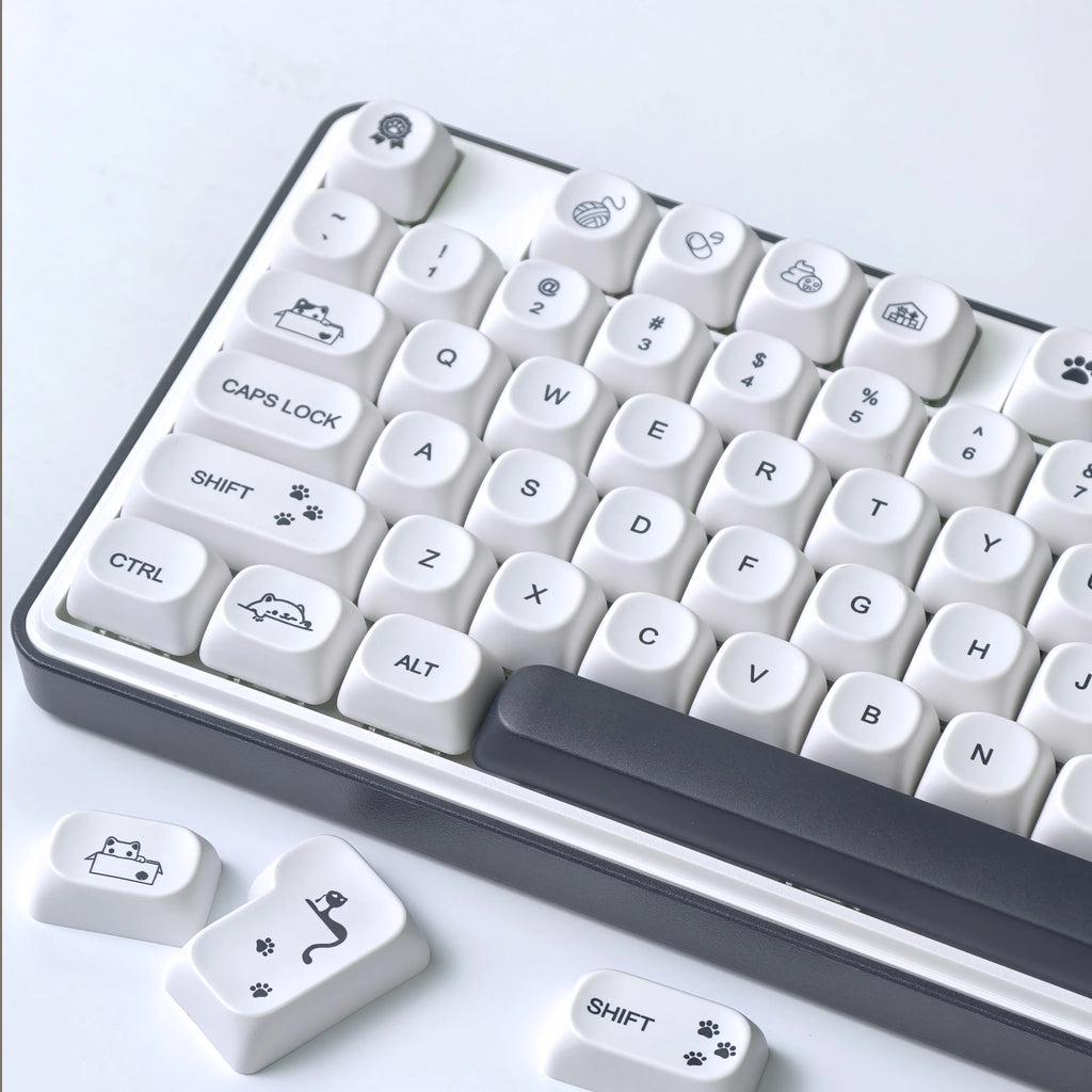 MAIMOOO MOA Keycap Korean Russian English 120Keys Round Cute Pbt Minimalist Style Black And White Cute Kitty Keycaps