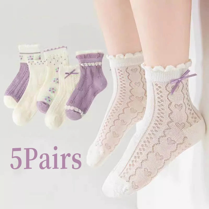 RAISE YOUNG 5Pairs/Lot Purple Children Girls Mesh Socks Bow Flower Print Babys Girls Summer Socks Animal Pattern Kids Girl Socks