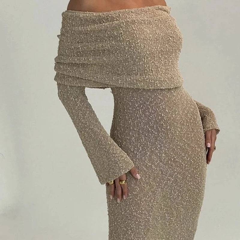 Fashion Style Knitted One-Shoulder See-Through Beachwear Cover Up Women's Beach Vacation Sunscreen Dress Elegant Long Dress